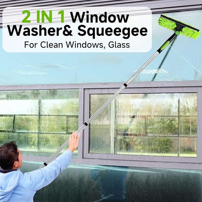 67'' Window Squeegee Cleaner Tool with Extension Pole, 2-in-1 Squeegee for Window Cleaning Kit with Scrubber and Rotating Head, 2 Blade 2 Scrubber for Indoor & Outdoor High Windows