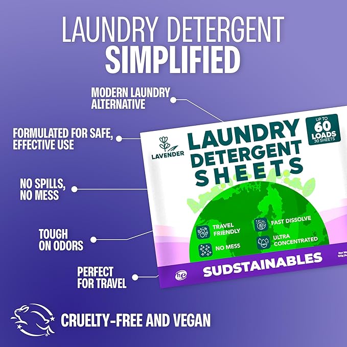 Sudstainables Laundry Detergent Sheets 60 Loads – Dissolvable Laundry Sheet for Washing Machines, Compact Alternative to Liquid & Powder Detergent, Travel-Friendly Soap | Lavender