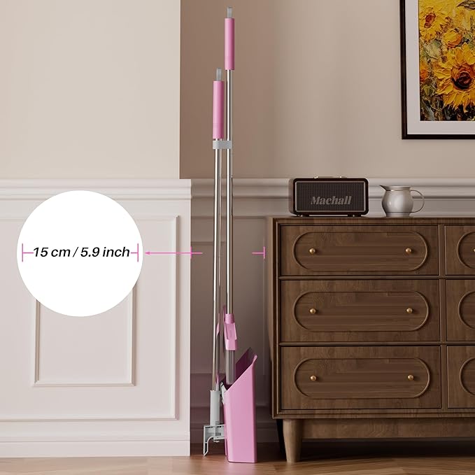 JOYMOOP Pink Broom and Dustpan Set with 56” Handle, Upright Angle with Built-in Comb Teeth for Hardwood Floors and Pet Hair