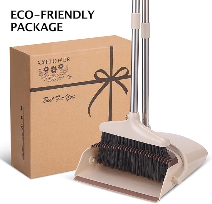 Broom and Dustpan Set with Long Handle, Light Weight Stainless Steel Poles Stand Upright Dustpans with Broom Combo for Home Kitchen Office Pet Dog Hair, Brown & Beige Color, 1-Pack
