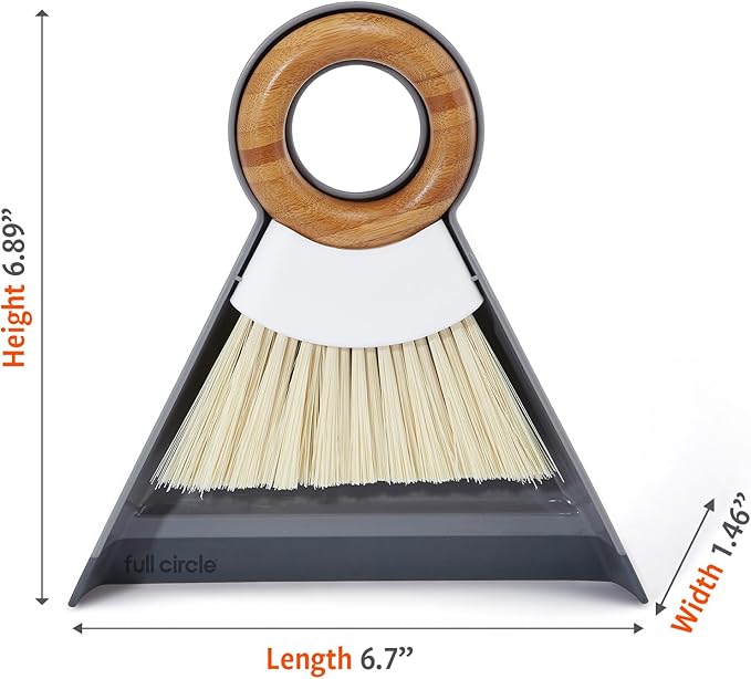 Full Circle Tiny Team Mini Compact Brush & Dustpan Set, Portable Handheld Broom for Quick Cleanups, Ideal for Home, Bathroom, Kitchen Countertops. Bamboo Hand Broom & Small Crumb Sweeper, White
