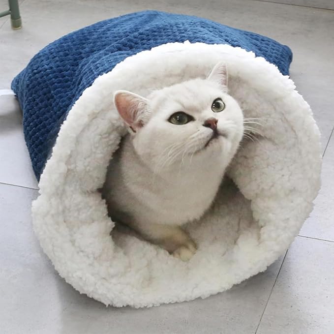 Cozy Cat Winter Sleeping Bag - Self-Warming 360 Wrap Cave Bed, Soft Plush Large Sack for Indoor Cats (B)