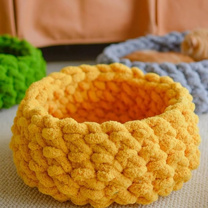 Cat Nest Bed – Premium Handwoven Washable Extra Soft Round Cave House Furniture for Indoor Kitten (Persimmon Yellow,Large)