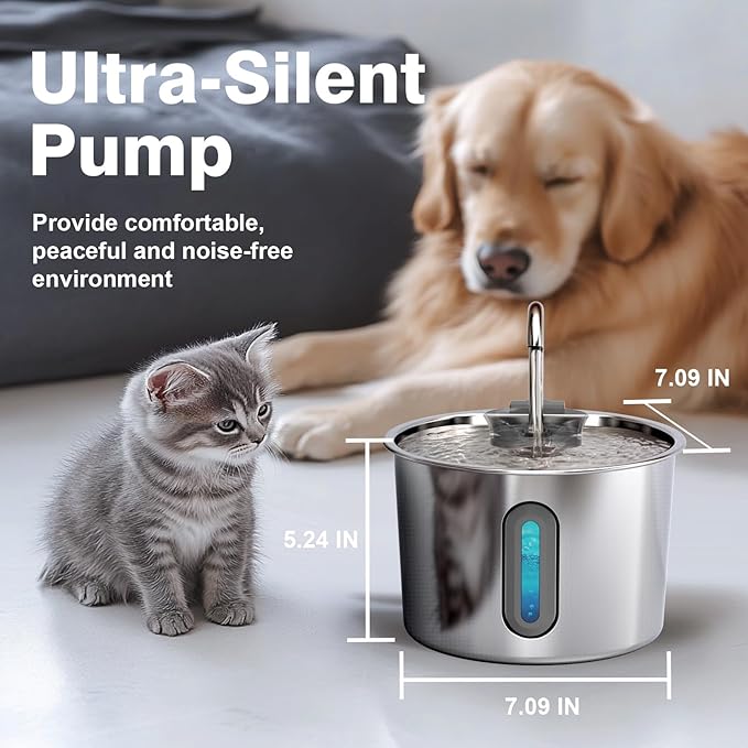 Cat Water Fountain, 74oz/2.2L Cat Fountain for Drinking - Pet Water Fountain Stainless Steel for Cats Inside - Quiet Water Bowl Dispenser - Kitty Drinking Fountains - for Pets& Small Animals