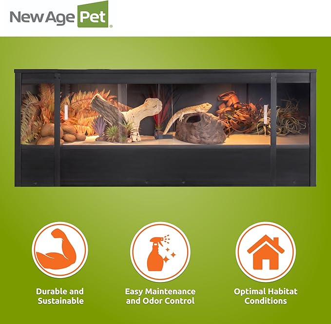 New Age Pet ECOFLEX 60 in Mojave Reptile Lounge in Espresso Black, Durable Wood Plastic Composite Habitat with Vented Side Panels, Removable Sliding Glass Doors, and Mesh Screen Top for Lamp Setup,
