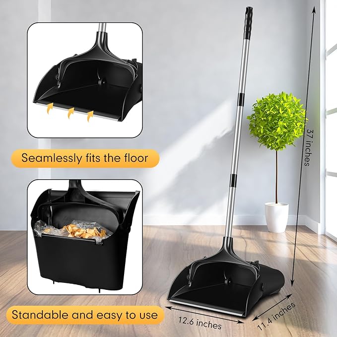 Maxcheck 4 Pcs 37 Inch Lobby Dust Pan Bulk Upright Lobby Dust Pan Plastic Commercial Dustpan with Long Handle Upright Standing Dustpan Heavy Duty for Office Home Indoor Outdoor Use (Black)