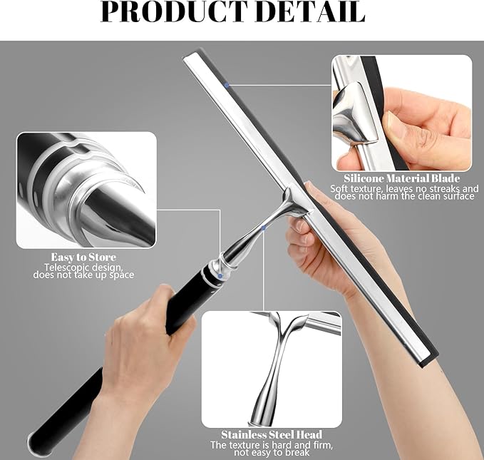 Shower Squeegee with Long Handle,Window Squeegee with Extension Pole Squeegee for Shower Glass Floor Squeegee, Telescoping Shower Squeegee for Glass Door, Tile Wall, Car,Floor