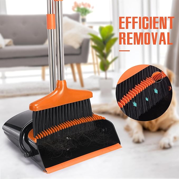 Broom and Dustpan Set with Long Handle, Light Weight Stainless Steel Poles Stand Upright Dustpans with Broom Combo for Home Kitchen Office Pet Dog Hair, Black & Orange Color, 1-Pack