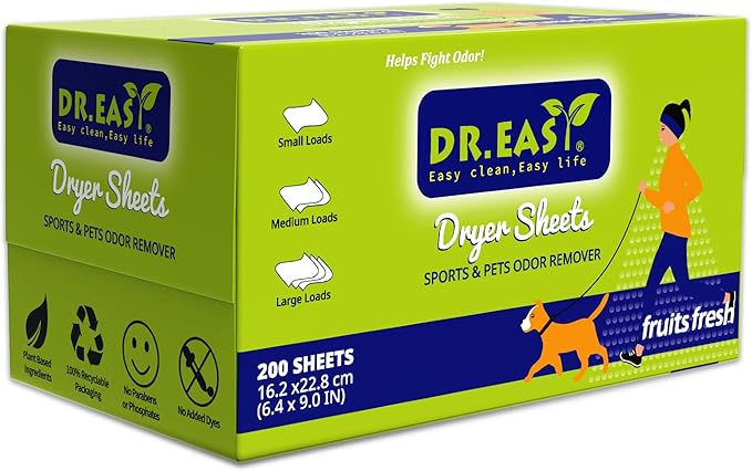 Dr.Easy SPORTS & PETS ODOR REMOVER Fruits Fresh Dryer Sheets,200 Sheets,PLANT&MINERAL-BASED FORMULA