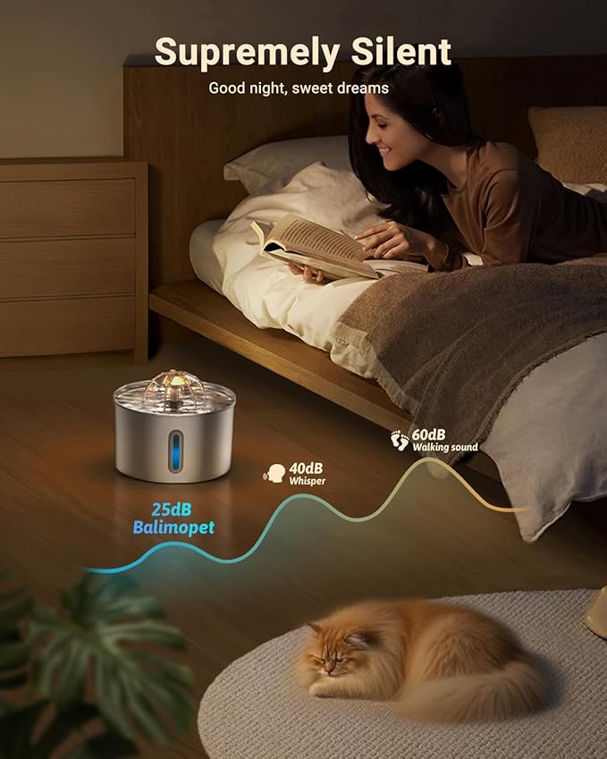Cat Water Fountain Stainless Steel - 74oz/2.2L Corded Pet Water Dispenser Automatic Silent Cats Dispenser for Drinking Inside Indoor Metal Kitty Spout Fountain with 3 Filters & 3 Sponges