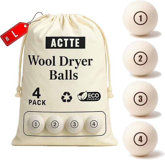 Wool Dryer Balls Laundry, L(2.3") 4 Pack, Premium Fabric Softener Ball, Reusable, Anti Static, Chemical Free Natural Wool Balls for Dryer, Laundry Dryer Balls – 100% New Zealand Wool