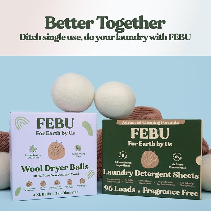 FEBU Wool Dryer Balls, 6-Pack, XL | 100% New Zealand Wool | Natural, Reusable Fabric Softener | Alternative to Dryer Sheets | Reduces Wrinkles, Shortens Drying Time, Zero Waste