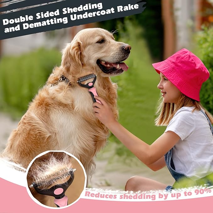 3PCS Self Cleaning Slicker Brush & Pet Grooming Rake & Bath Brush for Dogs,Cats and Horses | Double-Sided Dematting Comb & Skin Friendly Deshedding Grooming Tool | Pet Supplies (Light Pink Black)