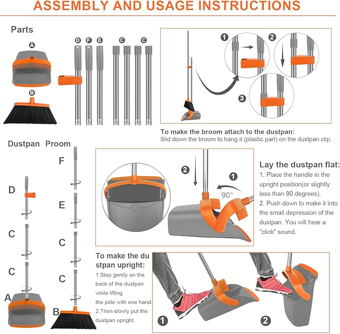 Broom and Dustpan Set, Large Broom with Dustpan Combo Set, 55" Long Handle Heavy Duty Industrial Dust pan Set for Classroom Lobby Home