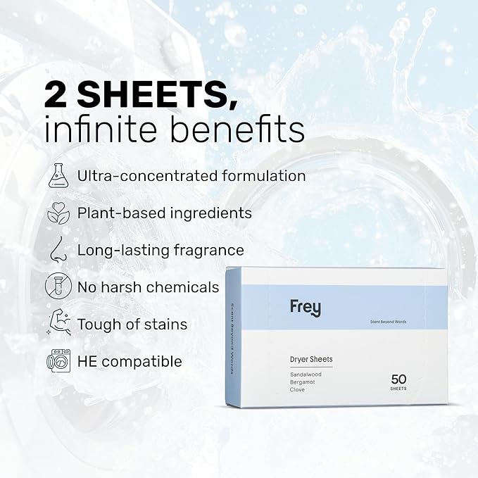 FREY Naturally Scented Dryer Sheets - Fabric Softener for Soft, Fresh & Clean Clothes (1-pack, Bergamot Beach)
