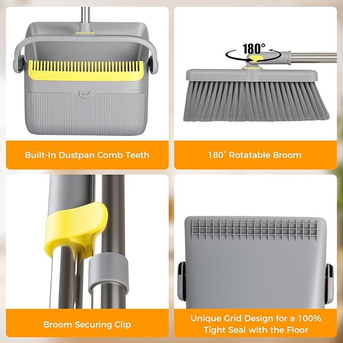 Upgrade Broom and Dustpan Set 180° Rotatable Head with 61" Extra Long Adjustable Handle Self-Cleaning Dustpan Teeth&Zero Gap Indoor Outdoor Sweeping for Home Kitchen Office Pet Hair-Gray&Yellow