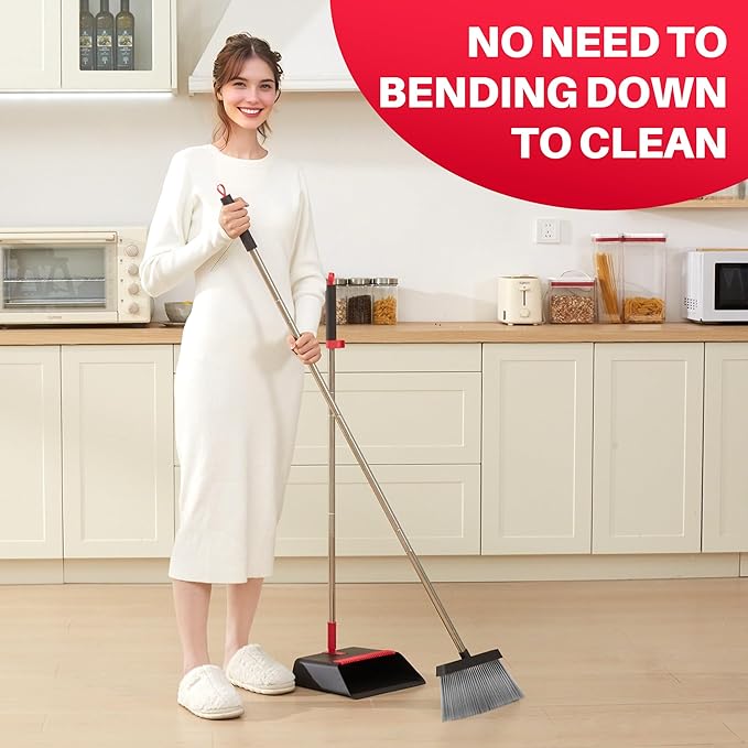 JOYMOOP Black and Red Broom and Dustpan Set, Upright Angle Design with Built-in Comb Teeth for Home, Office, Hard Floors