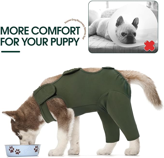 Kuoser Thigh Wound Protective Sleeve for Dogs, Dog Surgery Recovery Suit for Rear Legs, Dog Recovery Sleeve for Female Male Dogs, Dog Onesie After Surgery Pet Surgical Suit for Spay Neuter, Green