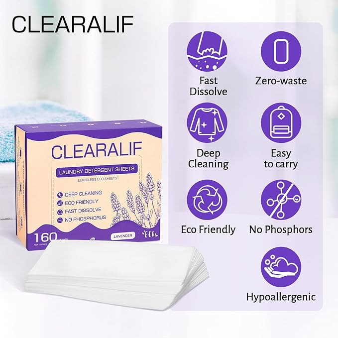 CLEARALIF Laundry Detergent Sheets 80 Sheets (Up to 160 Loads), Lavender - Great For Apartments, Dorms,Eco Friendly