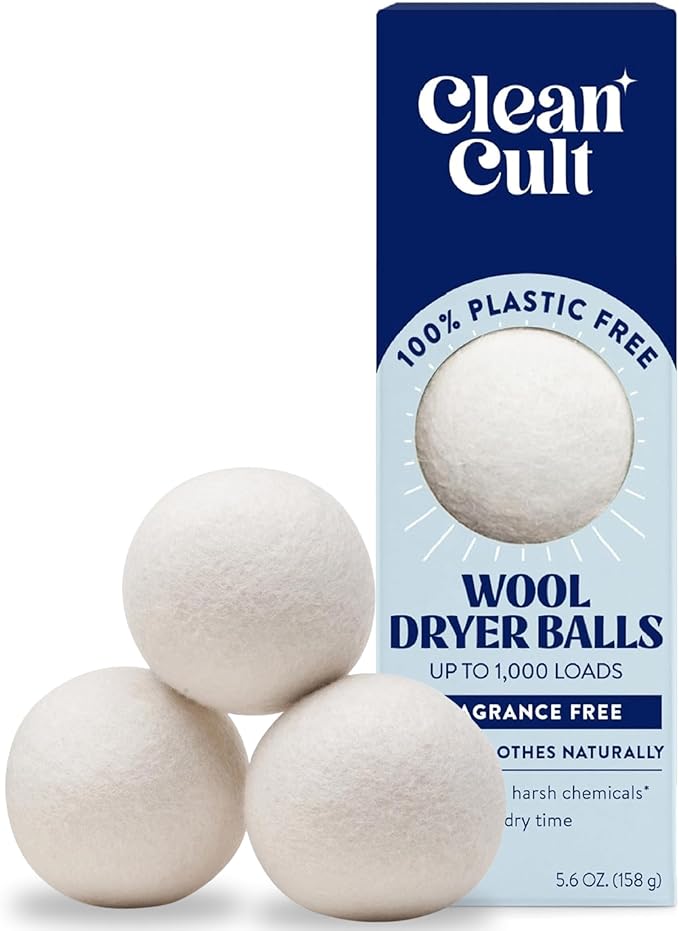 Cleancult Wool Dryer Balls (3 Count) - Made from 100% New Zealand Wool - Biodegradable Dryer Balls - Shorten Dry Times, Soften Clothes, and Stop Static Cling - Lasts up to 1000 Loads
