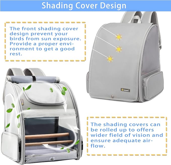 Texsens Bird Carrier Backpack - Pet Travel Cage with Upgraded Tray and Standing Perches, Breathable & Portable, for Small Birds, Green Cheek, Cockatiel, Parrot (Grey)