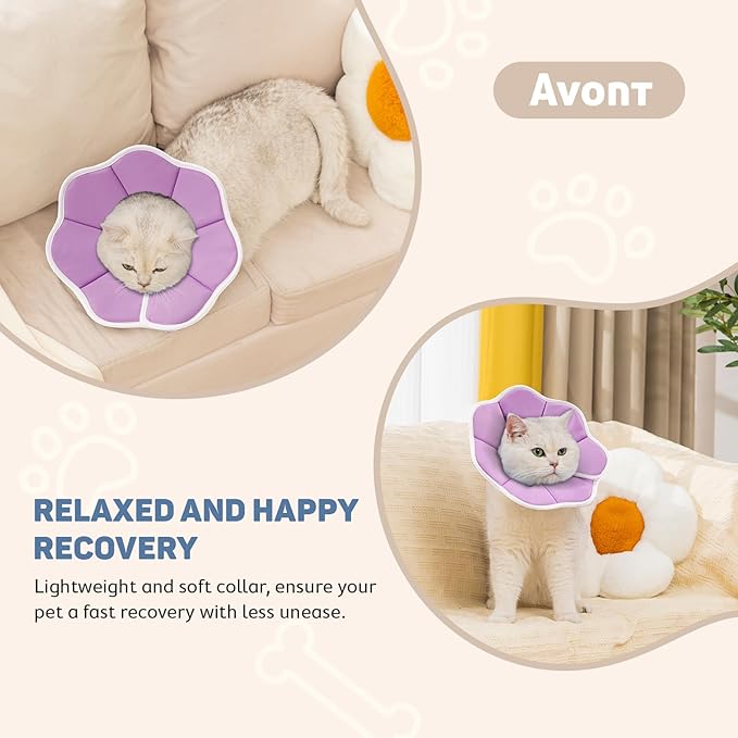 Avont Soft Cat Recovery Cone Collar, Adjustable Lightweight Kitten E-Collar for Small Dogs, Comfortable Neck Donut Stop Licking Scratching After Surgery -Purple(L)