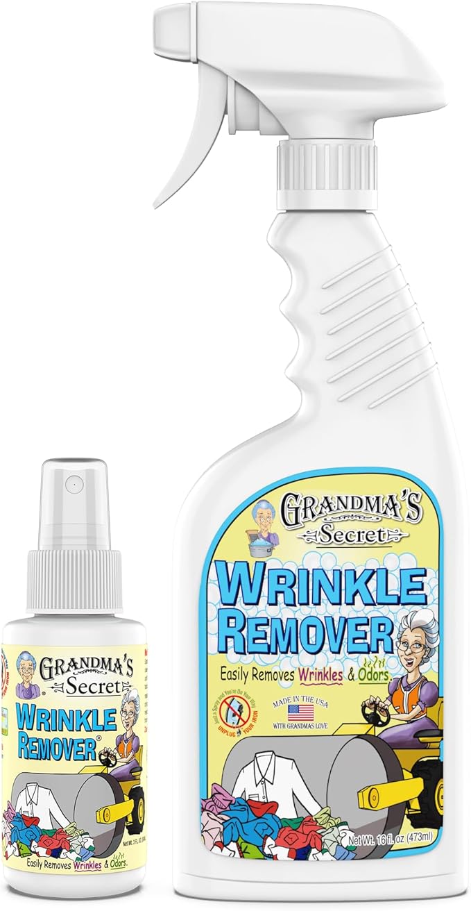 Grandma's Secret Wrinkle Remover - Wrinkle Release Spray, Odor Eliminator, and Fabric Refresher Spray - Chlorine and Bleach Free - 16 oz & 3 oz Travel Size Combo