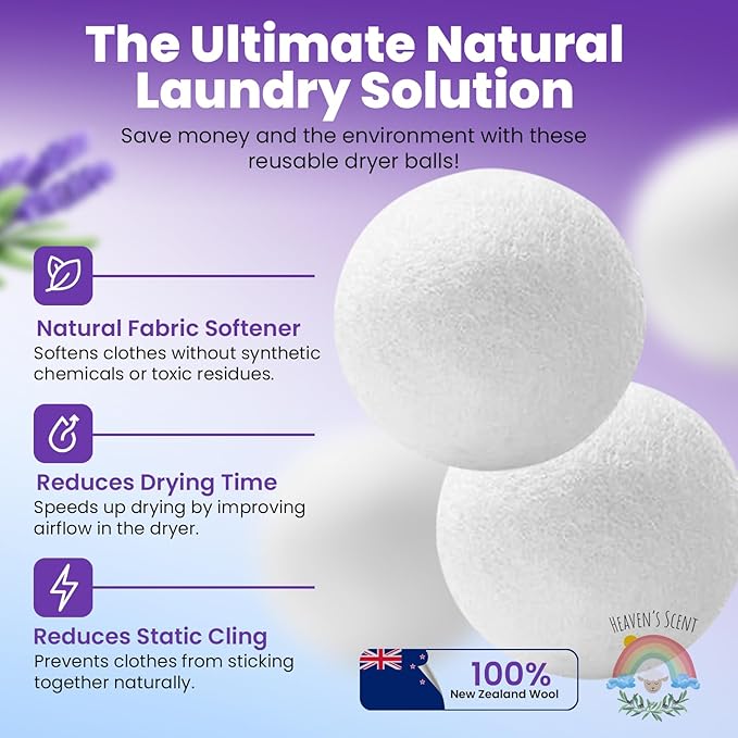 Heaven's Scent Wool Dryer Balls w/Essential Oils Bundle - Reusable, Organic, Handmade & Hypoallergenic XL Size | Eco-Friendly, Natural Fabric Softener | Ocean & Lavender Oil, White