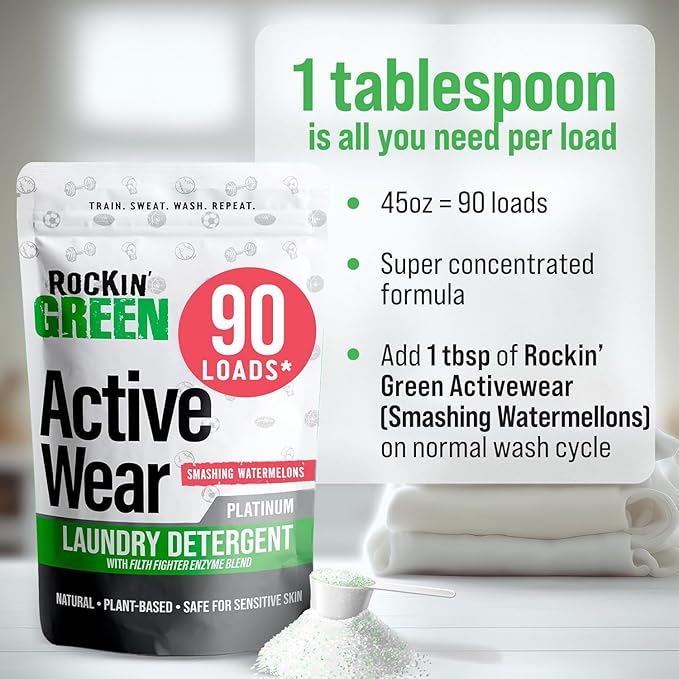 Rockin' Green Laundry Detergent, Plant based, All Natural Laundry Detergent Powder, Vegan and Biodegradable Odor Fighter, Safe for Sensitive Skin (Active Wear 90 Loads - Smashing Watermelons)