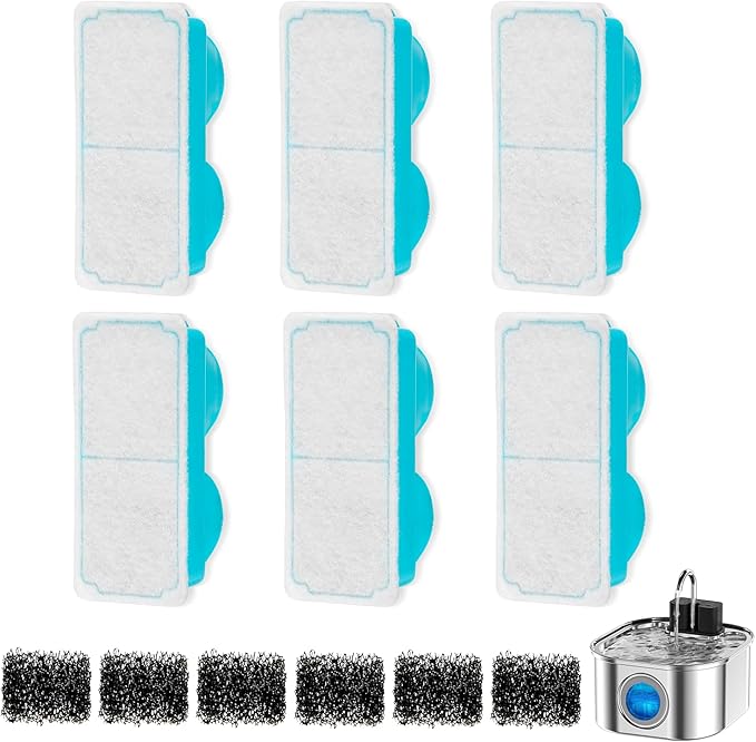 Cat Water Fountain Filter for 108oz/3.2L Wireless Cat Water Fountain,Battery Operated Stainless Steel Pet Fountain(6 Filter + 6 Sponge)