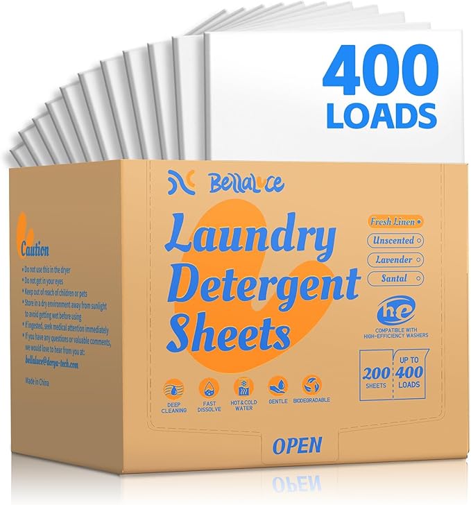 BellaLuce Laundry Detergent Sheets - Laundry Sheets, 400 Loads, Eco-Friendly, Plastic-Free, Fresh Linen Scent, Space Saving, Fast Dissolve & Hypoallergenic
