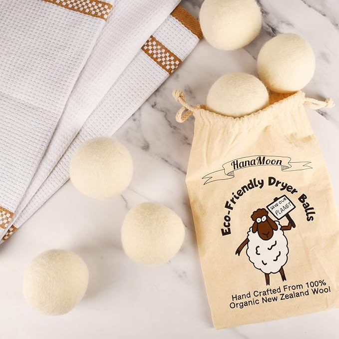 Wool Tumble Dryer Balls– Eco-Friendly Organic Fabric Softener, Reduce Wrinkles & Drying Time, Save Energy, Reusable, Handmade, 100% New Zealand Wool, Baby Safe, Unscented, XL Size (Pack of 6)