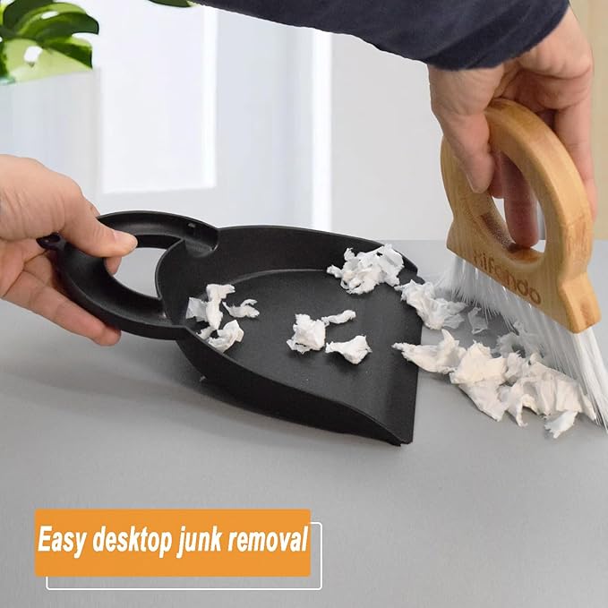 Mini Broom and Dustpan for Housekeeping-Bamboo Handle Small Broom and Dustpan Set Combination Mini Desktop Sweep, Keyboard Cleaning Brush with Shovel Brush,Round Bamboo Handle