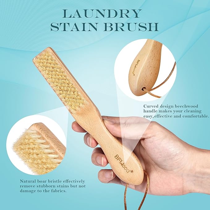 BFWood Laundry Stain Brush, Large Natural Soft Boar Bristles, Removes Tough Stains from Delicate Fabrics Like Knits, Cotton, and Linens, Gentle on Fabrics, No Damage