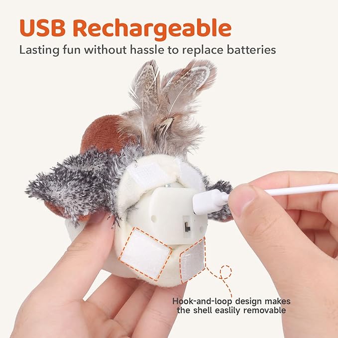 Potaroma Cat Toys Rechargeable Flapping Bird Sparrow, Lifelike Chirp Tweet, Touch Activated Kitten Toy Interactive Cat Exercise Toys for All Breeds Cat Kicker Catnip Toys 4.0 Inches