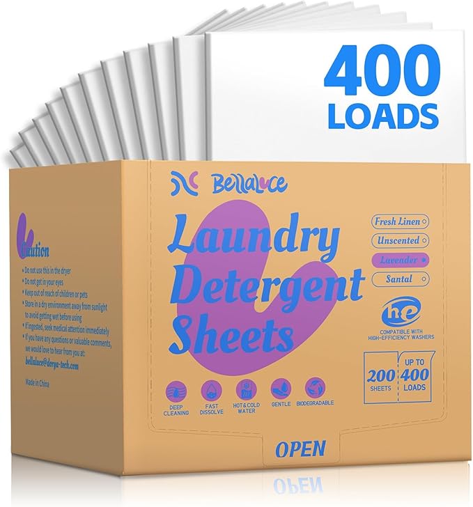 BellaLuce Laundry Detergent Sheets - Laundry Sheets, 400 Loads, Eco-Friendly, Plastic-Free, Lavender Scent, Space Saving, Fast Dissolve & Hypoallergenic