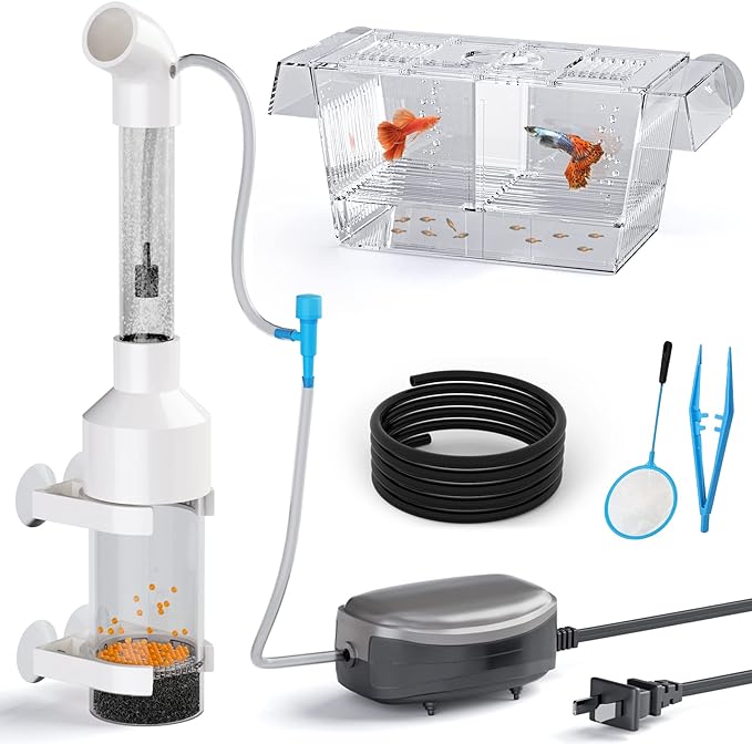 Fish Egg Incubator and Tumbler: Aquarium Cichlid Hatchery with Inbuilt Air Pump - Isolation Breeding Box, Small Fish Net and Tweezer