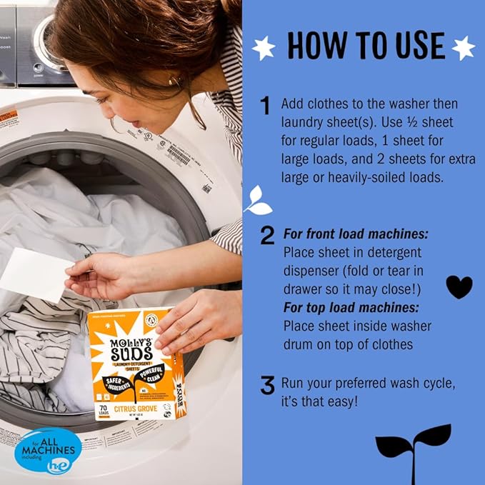 Molly’s Suds Laundry Detergent Sheets | Gentle on Sensitive Skin, Powerful Bio-Based Enzymes, Stain-Fighting | Liquidless & Plastic-Free Packaging | 70 Loads (Ocean Mist)