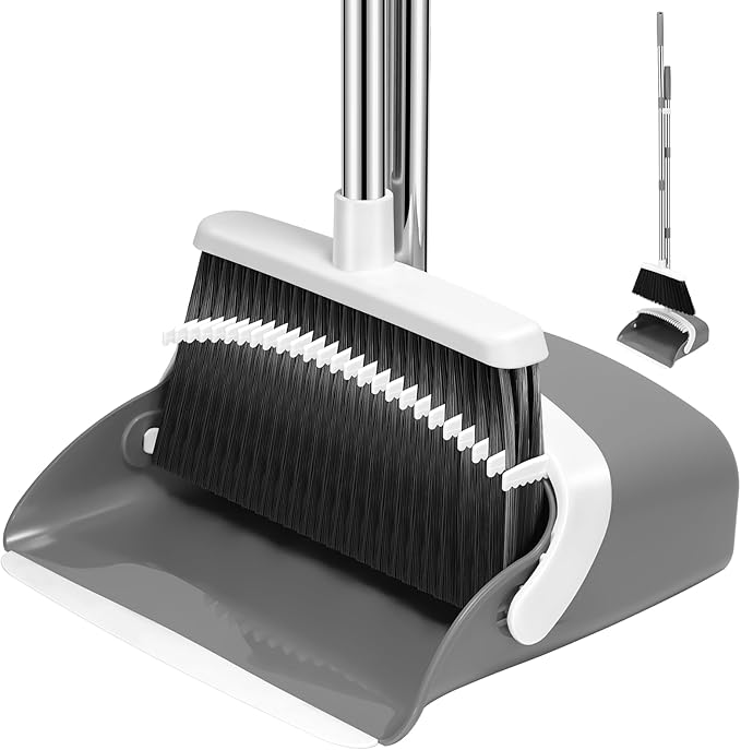 NACENA Broom and Dustpan Set, 52-in Long Adjustable Handle Broom Dustpan Combo with Dustpan Teeth to Automatically Clean Hair Suitable for Home Kitchen Office Hall Floor(Grey&White)