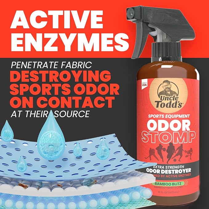 Uncle Todd’s Odor Stomp Sports Equipment Odor Eliminator Spray - Extra Strength Enzyme-Powered Deodorizer for Football, Hockey, Gym Bags, and Athletic Gear - Bamboo Blitz Scent - 16 oz