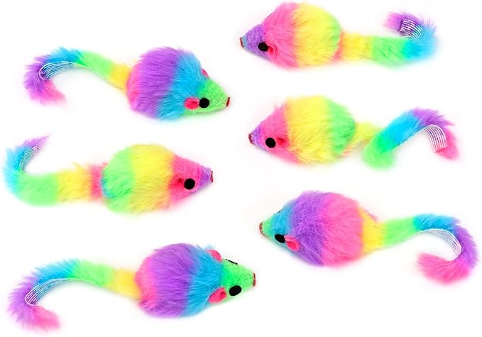 CHIWAVA 36PCS 1.8" Rainbow Color Furry Cat Toy Mice with Rattle Kitten Mouse Interactive Play
