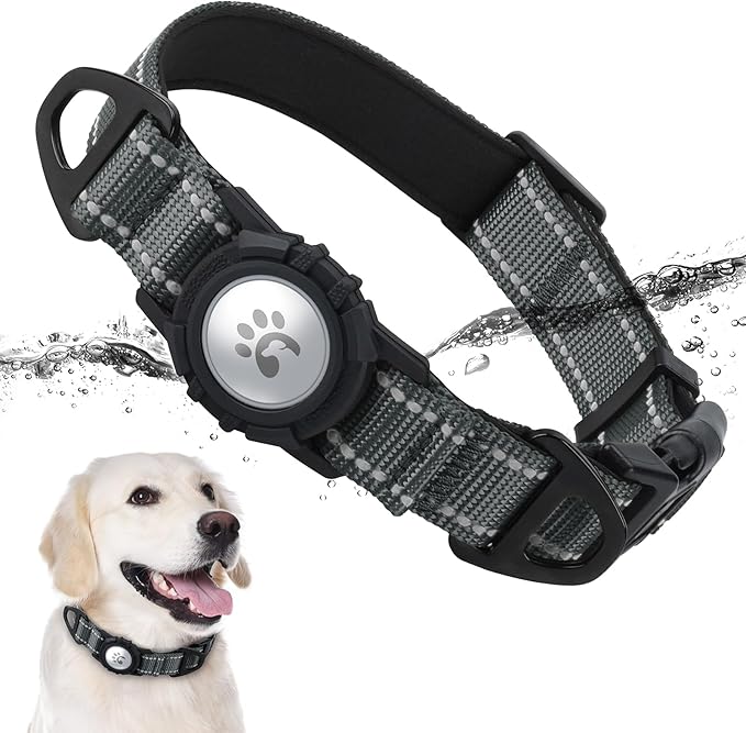 TagME Airtag Dog Collar,Waterproof Reflective Pet Collar with Airtag Holder,Soft Padded and Double D-Rings for Extra Large Dogs,Grey