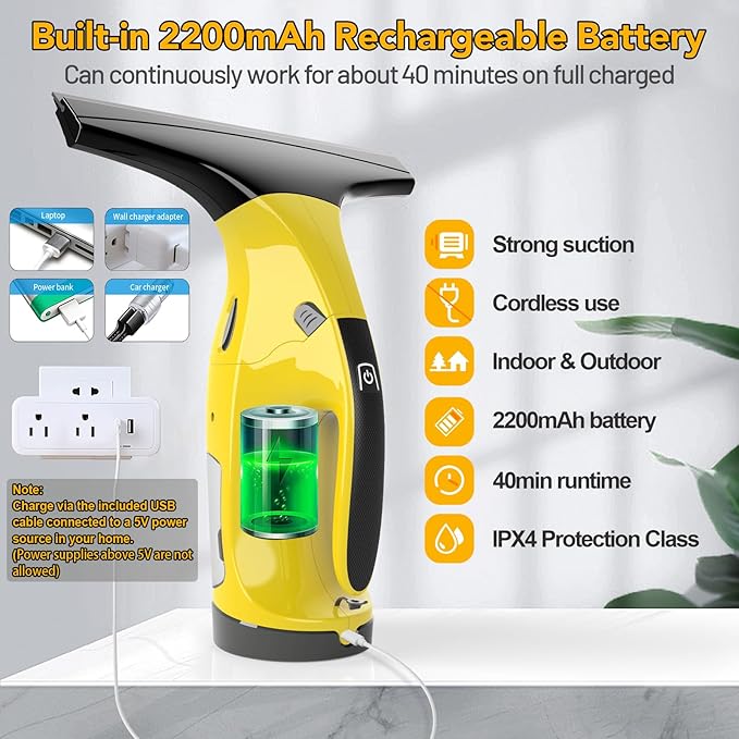 Rechargeable Window Vac, Electric Window Vacuum Squeegee, with 11 in. and 6.7 in. Squeegee Blades, Cordless Window Vacuum Cleaner Set for Cleaning Windows, Shower Doors, Mirrors, Tiles