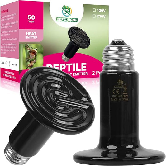 50W Ceramic Heat Emitter (2 Pack), Reptile Heat Lamp Bulbs, Ceramic Heater for Amphibian, Pet Brooder Coop, Chicken, Dog, Cat