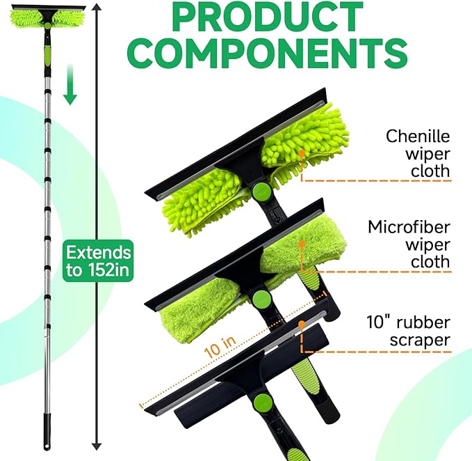 Professional 152" Window Squeegee Cleaner Tool with Extension Pole, 2-in-1 Squeegee for Window Cleaning Kit with Scrubber and Rotating Head, Window Cleaner for Car, Sliding Door, Shower Glass Door