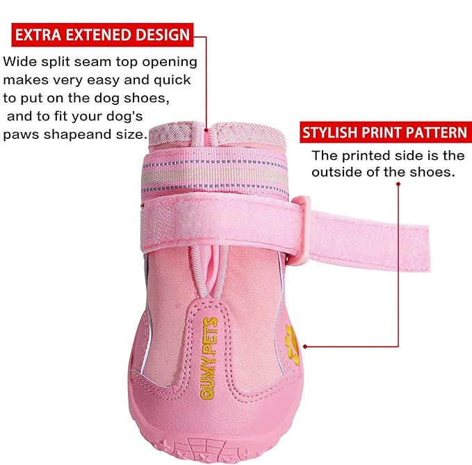 QUMY Dog Shoes for Large Dogs, Medium Dog Boots & Paw Protectors for Winter Snowy Day, Summer Hot Pavement, Waterproof in Rainy Weather, Outdoor Walking, Indoor Hardfloors Anti Slip Sole Pink 7