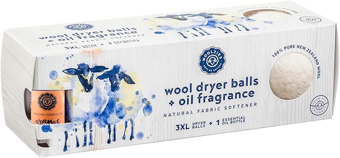 Woolzies 3 Pack XL 100% Pure Wool Dryer Balls Natural Fabric Laundry Softener + 100% Pure Sweet Orange Essential Oil Combo