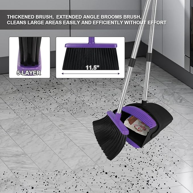 Broom with Dustpan Combo Set, 51" Household Dustpans and Broom, Standing Dust Pan Set for Home, Purple Cleaning Set for Kitchen Lobby Indoor Outdoor