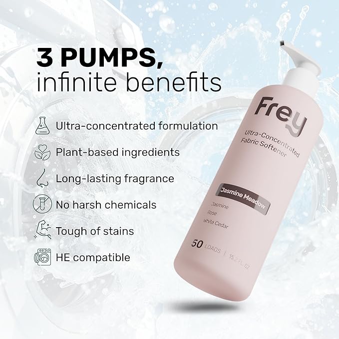 FREY Natural Liquid Fabric Softener & Conditioner | Laundry Softener for Clothing | Works In All Machines + HE | Powered by Natural Ingredients (1-pack, Jasmine Rose)