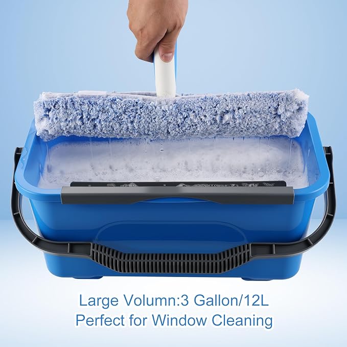 Professional Window Cleaning Kit, Include Compact Cleaning Bucket 3 Gallon, Silicone Squeegee, Microfiber Scrubber, Cloth, All-in-one Window Cleaning Supplies, Commercial & Household Use